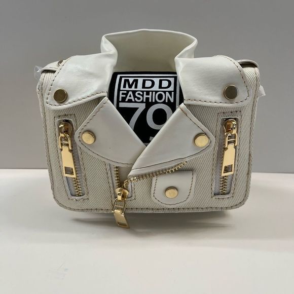 Leather & Canvas Jacket/ Biker Handbag Purse In Cream/White - Picture 3 of 8